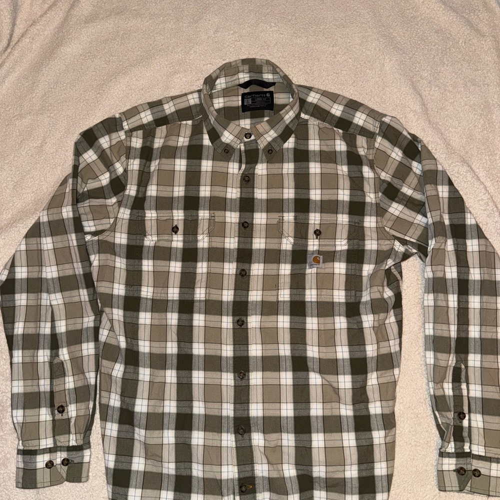 Carhartt Men's Olive and White Plaid Button Down Shirt
